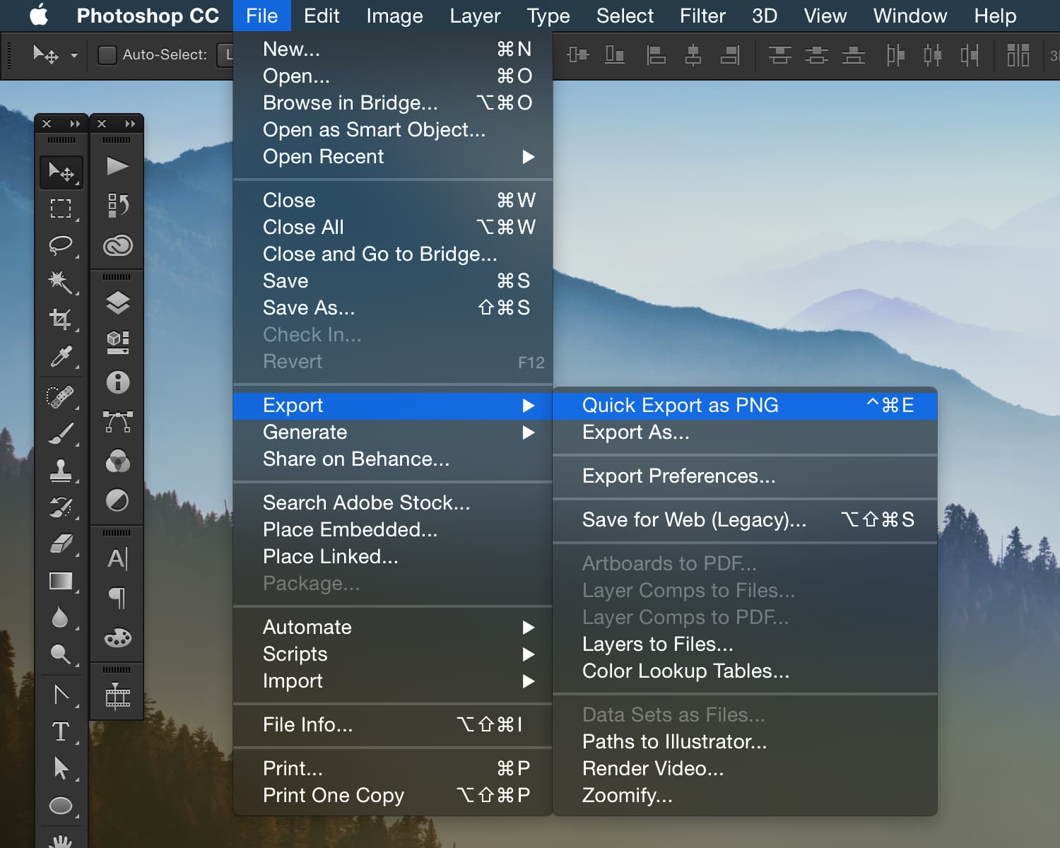 Quick Export as PNG shown in the Photoshop File menu