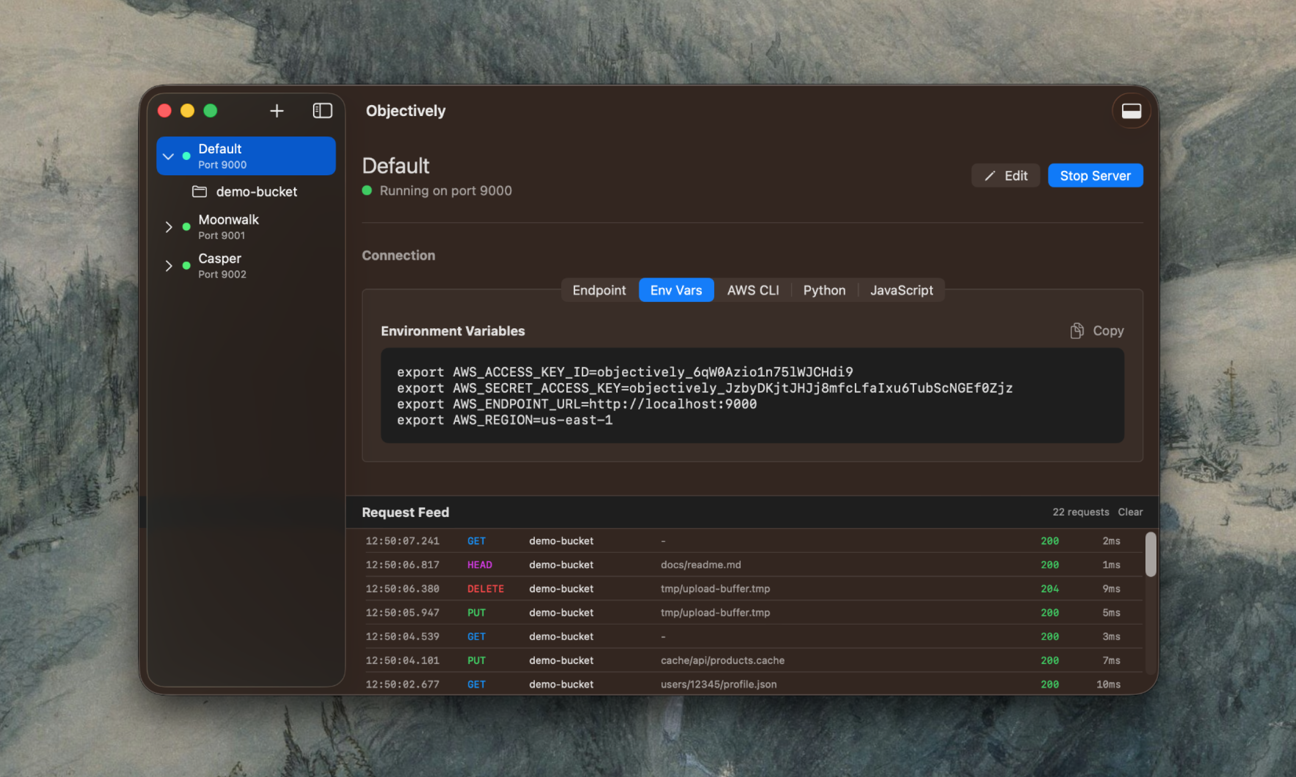 Objectively app interface showing bucket browser and request feed